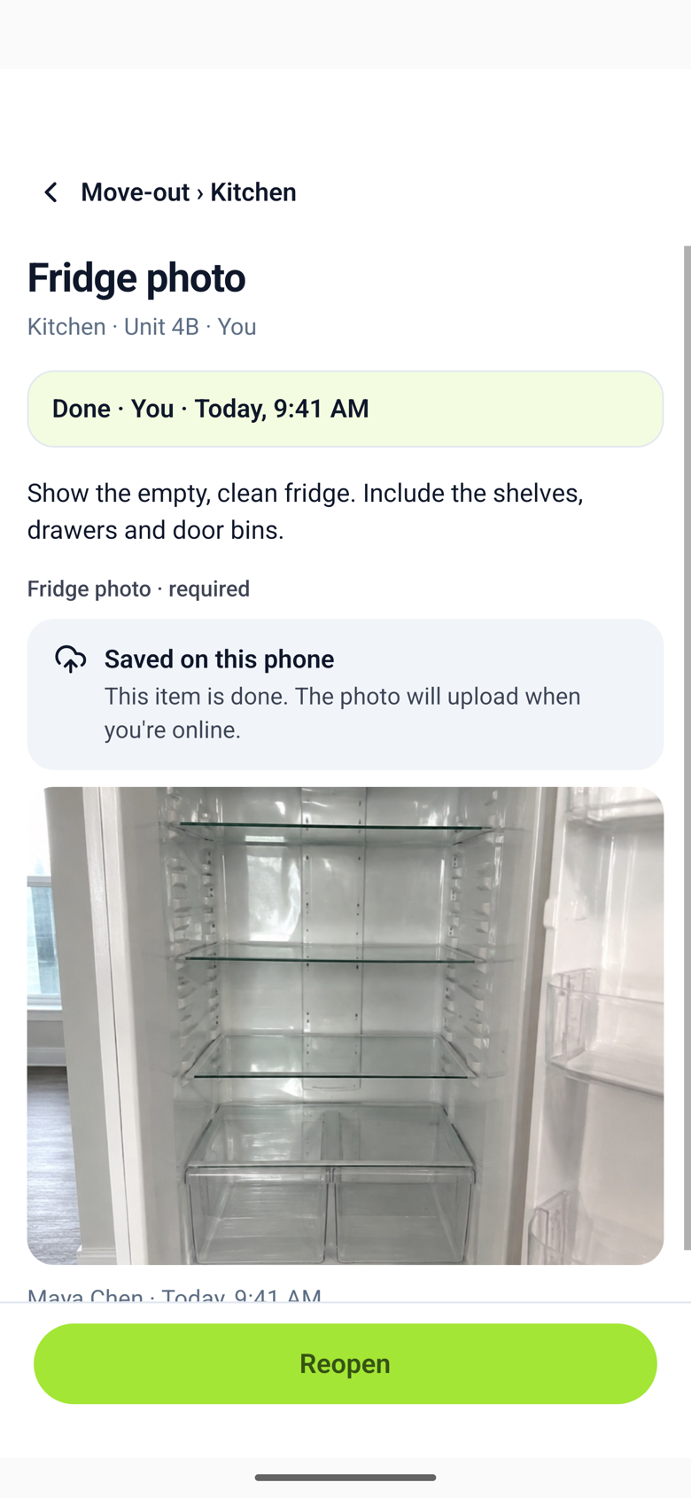 The Fridge photo step done, with the photo and a card that says Saved on this phone, proof will upload when you're online