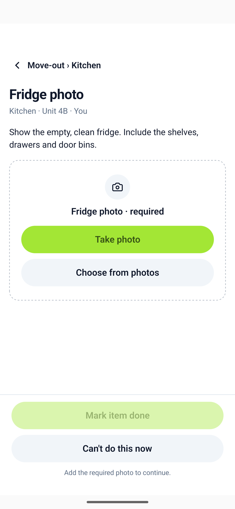 A step called Fridge photo with a dashed card that says Show the empty, clean fridge, a Take photo button and a Choose from photos button