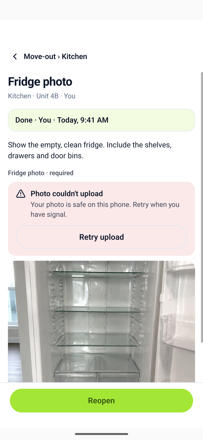 The Fridge photo step with a red card that says Photo couldn't upload, your photo is safe on this phone, and a Retry upload button