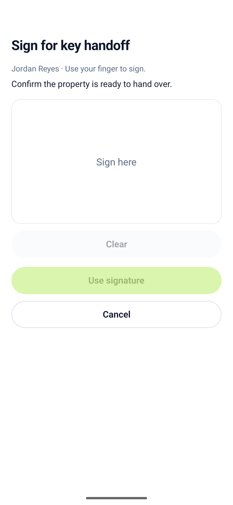 A full-screen signing box that says Sign here, with Clear and Cancel buttons and a Use signature button that is off
