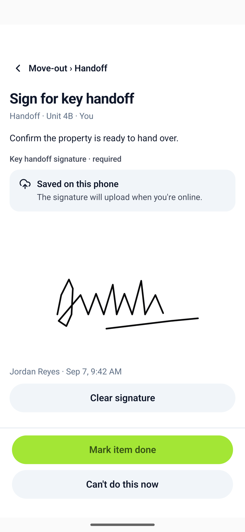 The step with a drawn signature and the caption Jordan Reyes, Sep 7, 9:42 AM
