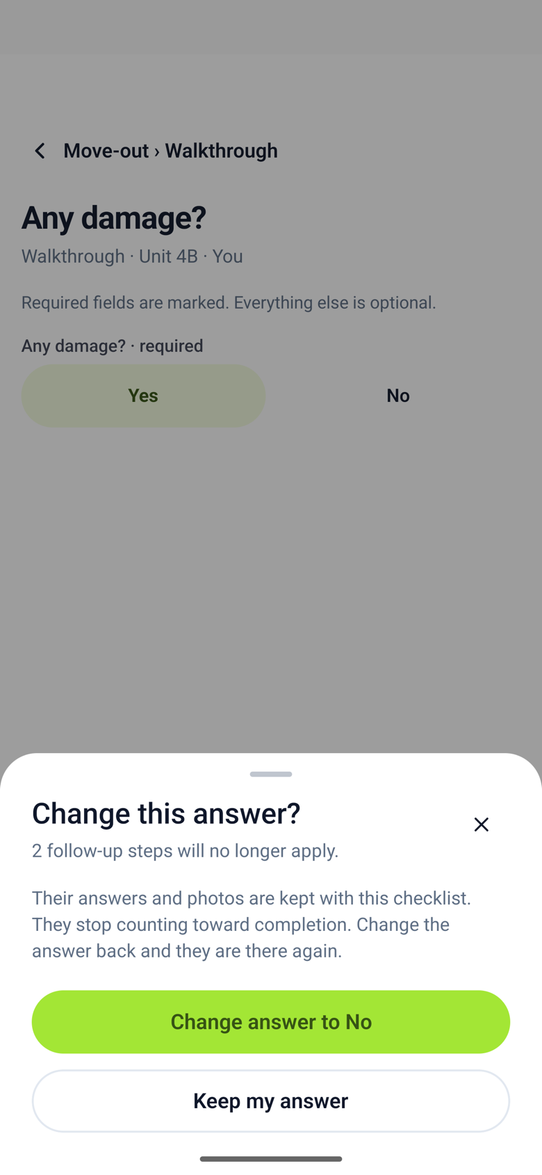 A sheet titled Change this answer? explaining that two follow-ups will no longer apply and their answers and photos are kept