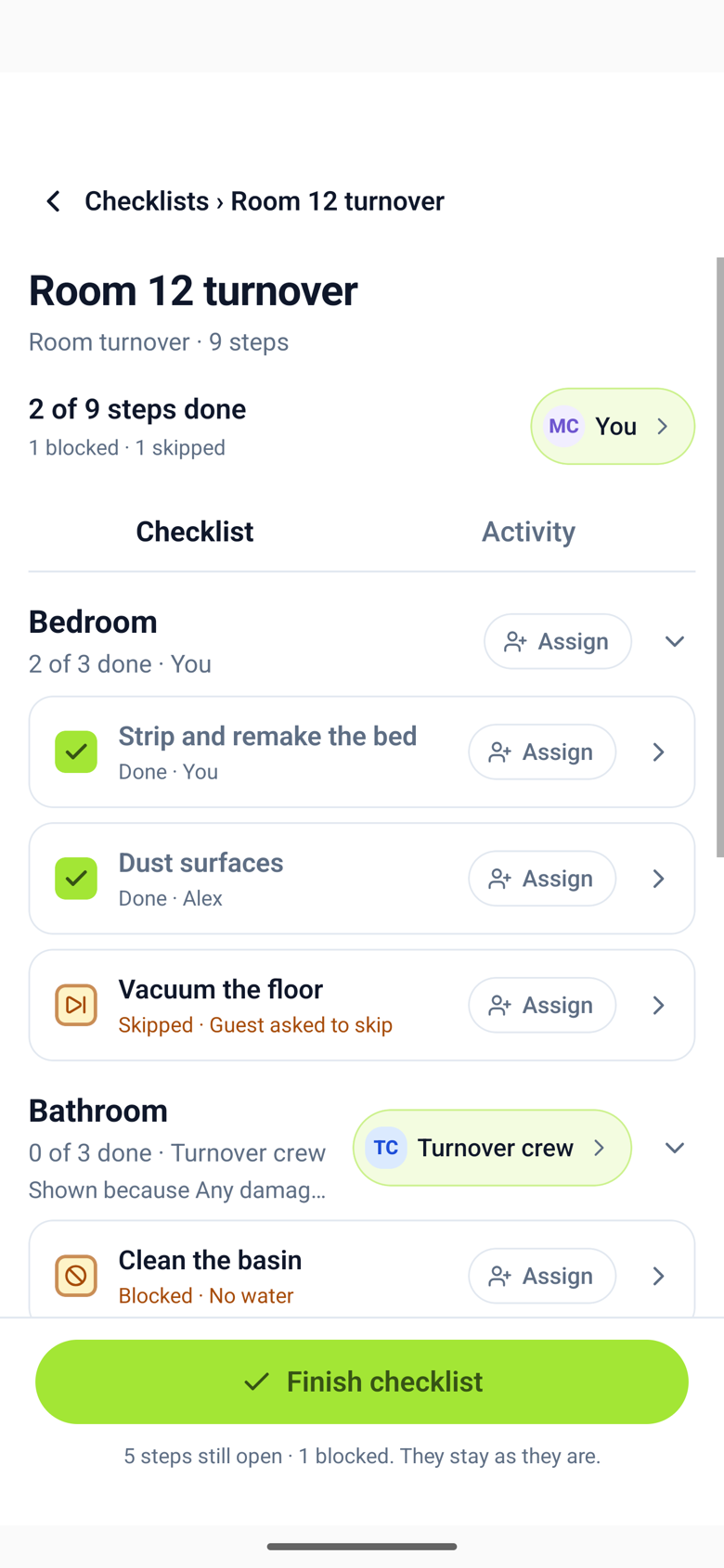 A checklist where Any damage? is Yes and a Damage follow-up section has appeared with two steps and the line Shown because damage is Yes