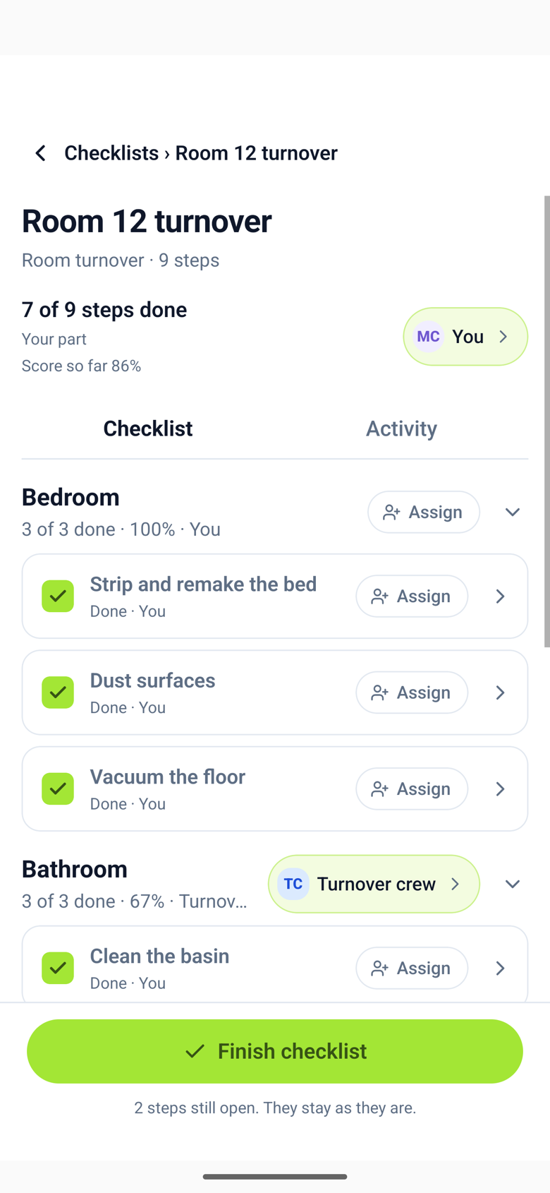 A checklist in progress with the line Score so far 86% under the step count