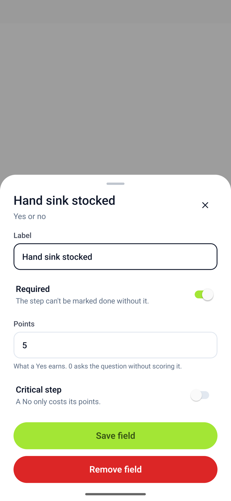 Field settings for a yes/no field with a Points field reading 5 and a Critical step switch